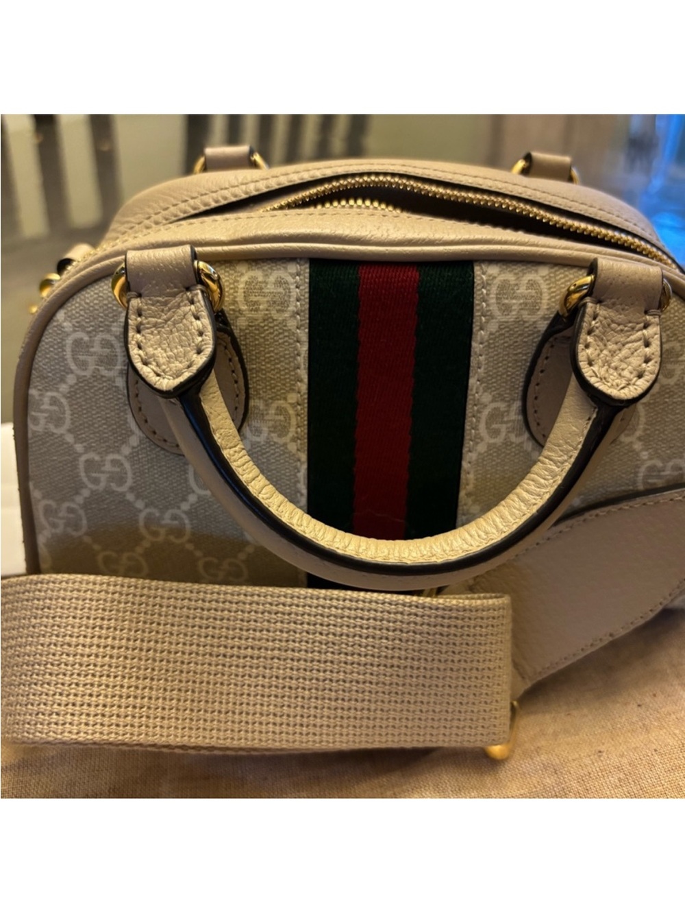 Gucci Beige Mini Ophidia Top-Handle Bag with Green-Red Web - Picture 4 of 8